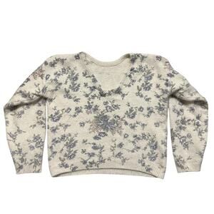 Jamie Scott Women Sweatshirt M Cream Blue Silk Nylon Floral Long Sleeve Cropped